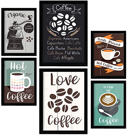 Nacnic Kaffee Postern. Vollfarbige Illustrationen von Kaffee und Getränken im Werbetafel Stil. Ästhetische Illustrationen für Innenarchitektur und Heim- oder Geschäftsdekoration. A4 & A3.