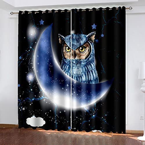 Vorhang Kinderzimmer Eule des Blauen Mondes Kinder Vorhänge Mit Ösen Polyester Gardinen Thermovorhang Blickdicht Ösenschal Kindergardinen Für Wohnzimmer Schlafzimmer, 170(B) X200(H) cm 2Er Set,