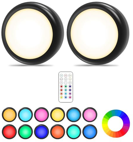 Cadrim Luces Armario Luz Nocturna Lámpara Armario RGB 2 pcs LED Multicolor Iluminación 13 Colores 2 Modos Brillo Ajustable RGB Lámpara que Funcionan con Baterías (No Incluiye) para Armarios, Escalera