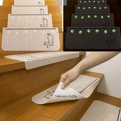 FuKuEn Stufenmatten Ohne Kleben Selbstklebend Leuchtend Stufenmatten Waschbar rutschfeste Treppenstufen Stufenmatten mit Rand Leuchtend 7 Stück 55 x 21 cm mit 4 cm Blending