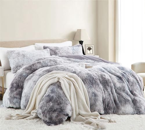 Nyescasa Plüsch Bettwäsche 135x200 Winter Flauschig Warme Flanell Biber Wendebettwäsche Langhaar Flausch Fleece Deckenbezug Tie Dye Gedruckt Grau Bettbezug mit Reißverschluss und Kissenbezug 80x80cm