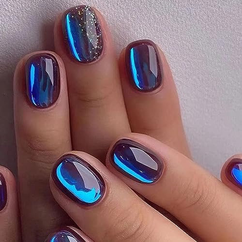 24 Stück Falsche Nägel Kurz Eckig Press on Nails, Blau Glänzend French Kunstnägel Nägel Zum Aufkleben mit Design, Wiederverwendbar Acryl Fingernägel Fake Nails für Frauen und Mädchen Nail Art Maniküre