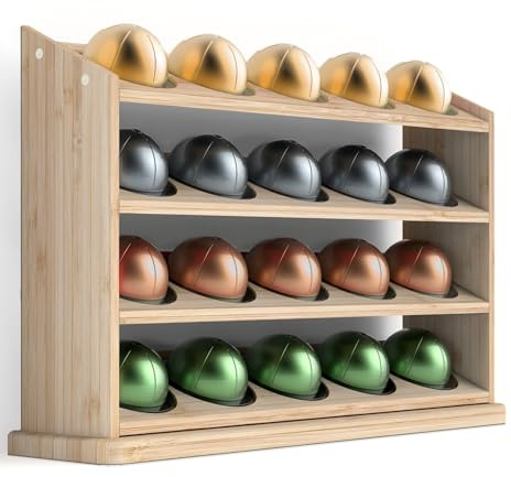 GALVANOX Support de dosettes de café à 4 niveaux conçu pour 20 capsules Nespresso Vertuo, présentoir en bois de bambou naturel (dosettes Vertuoline uniquement)