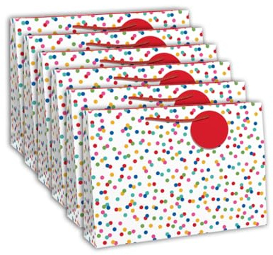 Eurowrap - 26988-6C - Un lot de 6 sacs cadeaux anniversaire - Grands formats 37,3x11,8x27,5cm - à pois multicolores - Qualité supérieure, résistants : 210g - idéaux pour puzzles, jeux, coffrets
