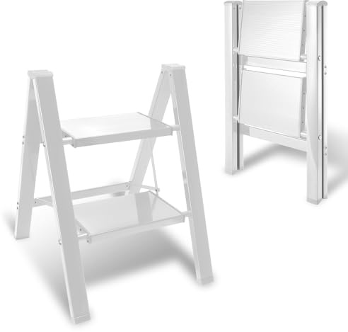 Eulenke 2 Marches Escabeau de Aluminium, Échelle Pliante Marche Pied Pliable, 2 Escabeau Pliable Léger, Échelle Pliante antidérapante, Convient pour la Maison, Charge maximale 150kg, argenté