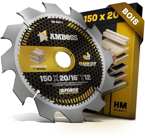 AMBOSS hoja de sierra circular 150x20mm (madera) - hoja de sierra 150 con 12 dientes - hoja de sierra circular Ø 150mm - compatible BOSCH: GB 1923. GKS 12 V. GKS 46.PKS 46. PKS 48. PKS 416. S1. S 33