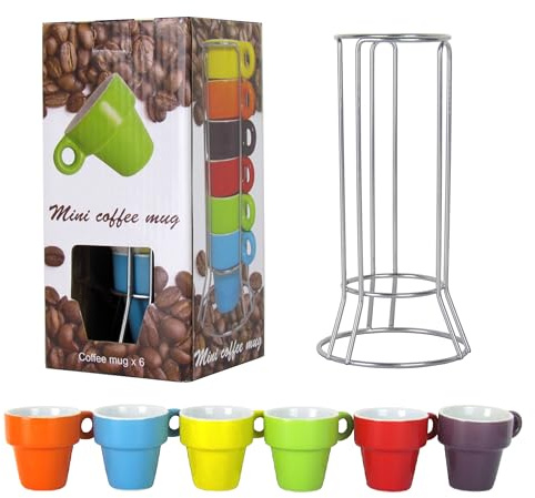 Lentz Set da 7 pezzi, 6 tazzine da caffè in gres colorato, con supporto in metallo per 6 persone