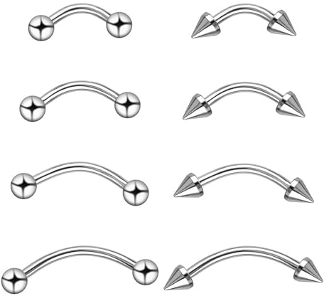 Set di 8piercing per sopracciglia e labbra, in acciaio chirurgico e argento, finto piercing per ombelico (12 mm), Acciaio inossidabile