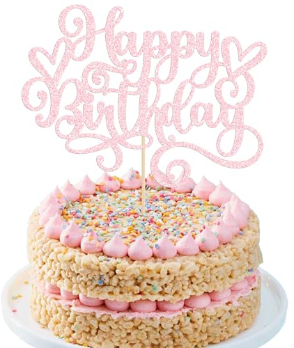 Gyufise 1Pcs Happy Birthday Cake Topper Glitter Cake Pick Bunting Decor for Anniversary Celebrating Party Cake Decorations Supplies Light Pink