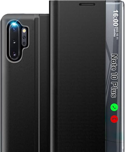 Phone Case for Samsung Galaxy Note10 Plus Phone Case, Clear View Window Slim Mirror Galaxy Note10+ Case with Kickstand, Leather Hard PC Flip Shockproof Protective Cover for Samsung Note10+ (Black)