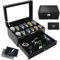 KIMIGO Boîte à montres à 2 couches,Coffret à Montres avec couvercle en verre,Rangement pour Montres en Cuir,12 compartiments et 1 tiroir,pour montres, bagues, bracelets,Boîte de Montre Noir