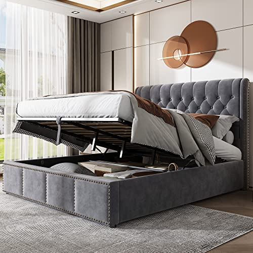 Merax 4ft6 Double Bed Frame, Upholstered Bed with Storage, Ottoman Bed with Hydraulic Lever, Rivet Decoration, Velvet, Grey/135 * 190cm（No Mattress