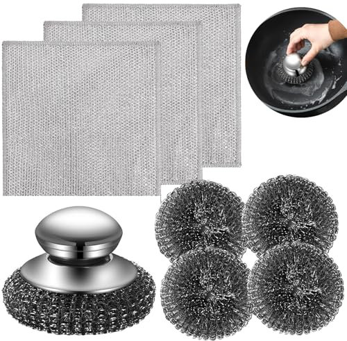 Stainless Steel Scourer With Handle, Steel Wool Scrubber with 4 Replacement Pads and 3 Silver Rag, 10 CM Stainless Steel Scrubber, Big Metal Wire Wool for Cleaning Kitchen Pots Pans Grills Sink