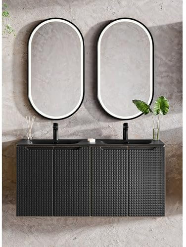Lomadox Badmöbel Set 3-teilig mit 120 cm Waschtisch in Eiche mit schwarz, grifflose 3D-Front, LED-Spiegel