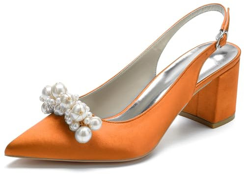 smlekwc Donna Scivolare su Scarpe da Vestito da Sposa con Perla Punta Appuntita Slingback Scarpe per La Sposa Tacco Grosso Medio Sandali da Ballo Festa Serale,Arancia,43 EU
