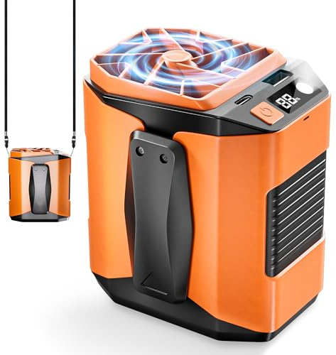 Portable Waist Fan Clip On, 10000mAh Clip on USB Rechargeable Table Personal Fan with 5 Speeds, 16000RPM Wearable Neck Fans with Light, Desk Fans for Outdoor Work Jobsite Travel Camping