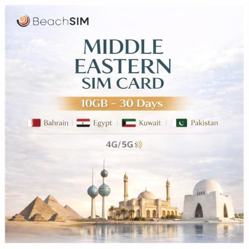 BeachSIM SIM-kort för Mellanöstern. 10 GB data med 4G/5G-hastigheter. Endast SIM-data. Fri roaming i Bahrain, Egypten, Kuwait, Oman och Pakistan. Giltigt i 30 dagar.