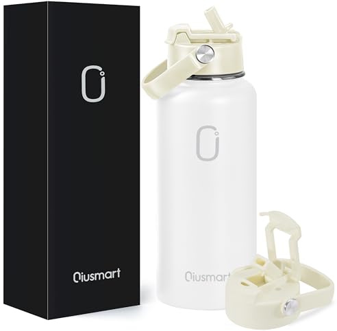 Qiusmart Gourde en acier inoxydable avec paille 1 l : bouteille isotherme sous vide à double paroi anti-fuite pour le sport, les voyages, la salle de sport, sans BPA (blanc)