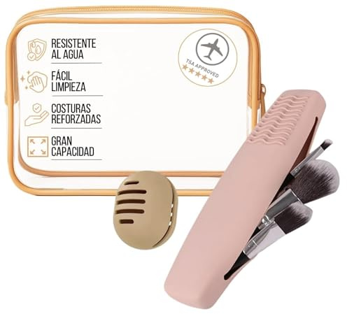 Beauty Case per il Trucco - Beauty Case Trasparente con Astuccio Pennelli e Custodia Spugna – Trousse Trucco Donna da Viaggio Aereo – Set Make Up con Porta Pennelli Silicone