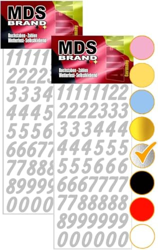 MDS Brand 2cm Zahlen Aufkleber 0-9, Schriftgröße ca. 20 mm, selbstklebend klein Nummer Ziffer, Unsere Klebezahlen sind Ideal für Adventskalender, luftballon und Buro (2, Silber)