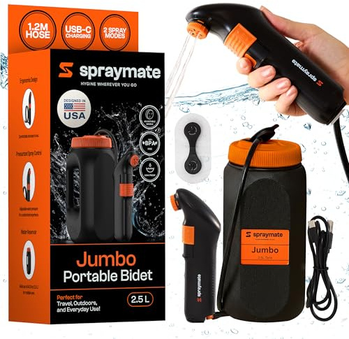 Portable Bidet for Travel & Camping – Electric High Pressure Rechargeable Bidet for Women & Men | 2.5L Bottle | 1300ML/Min Flow | USB-C | 1600mAh Battery | USA Brand – Spray Mate Jumbo (Black)