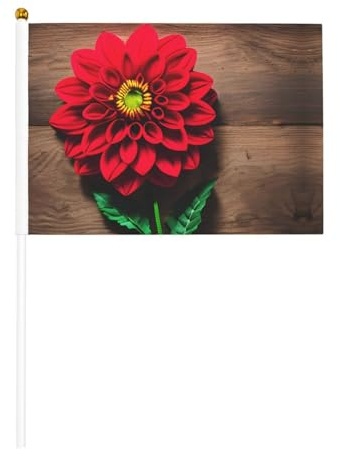 Planche en bois rétro fleur rouge dahlia agitant les drapeaux double face et mini drapeaux à bâton, adaptés pour la décoration de fête et les activités d'équipe