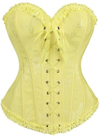 LEACOOLKEY Corpetto Corsetto per Donna con Lacci e Stecche Bustier Floreale Overbust per Costume Halloween,Giallo,XXL