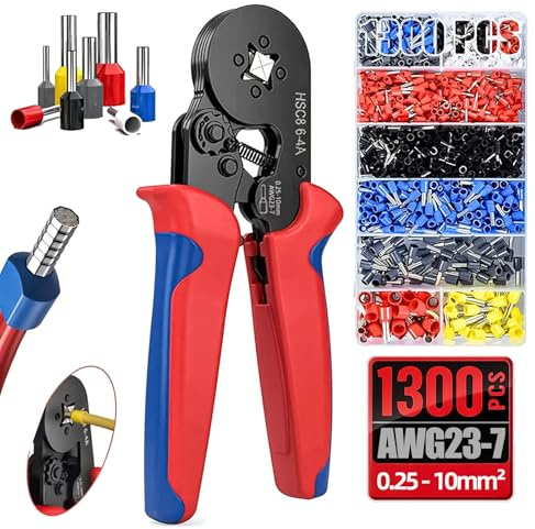 Set di 1300 pinze crimpatrici autoportanti, 0,25 – 10 mm², pressatura quadrata con funzione a cricchetto e impugnatura ergonomica, utensili elettrici e auto
