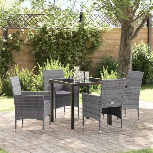 Runheo Garten Essgruppe mit Kissen, 5-teilig, Grau Poly-Rattan, 160x80cm Glastisch, wetterfestes Outdoor-Möbelset für Terrasse und Balkon