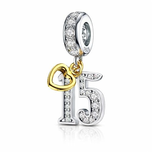 MariaFonte Colgante Charm 15 Años Compatible con Todas las Marcas Cumpleaños Aniversario Colgantes Originales Cuentas Encantadoras Plata Cuenta Mamá Amuleto Suerte Corazón Familia Navidad Mujer