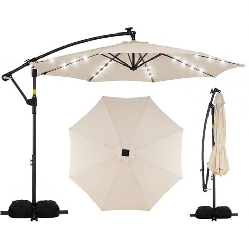 COSTWAY 2.9M/3M Garden Cantilever Parasol, Outdoor Offset Banana Hanging Umbrella with LED Lights, Crank Handle and 360° Rotation, Water-proof Sun Shade Canopy (3M, Beige+Black, with 32 Lights)