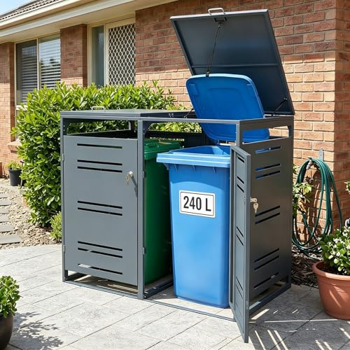 COSTWAY Cache Poubelle Exterieur 2 x 240 L, Abri Poubelle Exterieur Double en Métal avec Vérin à Gaz, Amortisseur, Portes Verrouillables, Range Poubelle Exterieur pour Patio, Jardin, Cour (Gris Foncé)