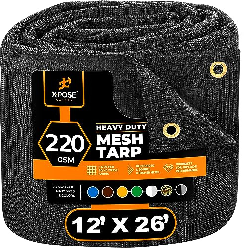 Xpose Safety Heavy Duty Mesh Tarp – 12’ x 26’ Multipurpose Black Protective Cover with Air Flow - Use for Tie Downs, Shade, Fences, Canopies, Dump Trucks – Tear Resistant