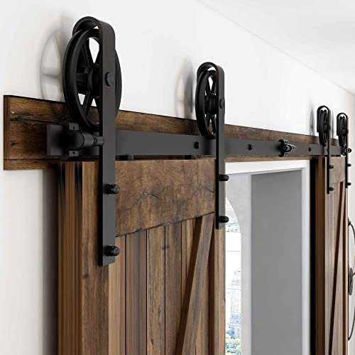 10FT/304cm Vintage Sliding Barn Wood Door Closet Hardware Track Kit Track System Big Wheel Rollers for Double Door