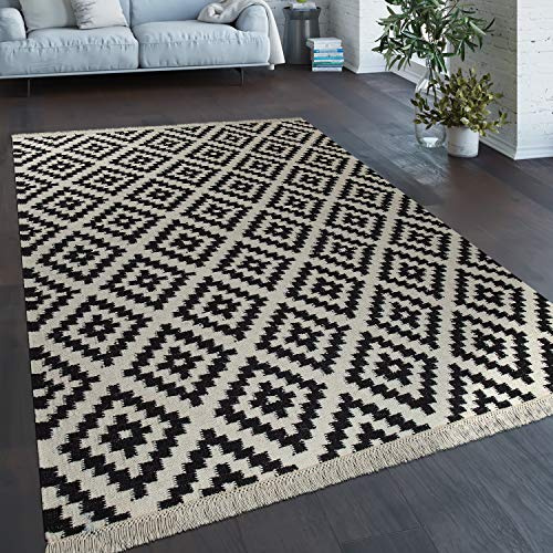 Paco Home Tessuto A Mano Trendy Tappeto Moderno Design Marocchino Frange In Nero Bianco, Dimensione:140x200 cm