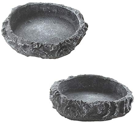 2 Pack Reptile Water Dish Food Bowl Rock Worm Feeder for Leopard Gecko Lizard Spider Scorpion Chameleon, Small, Resin Material
