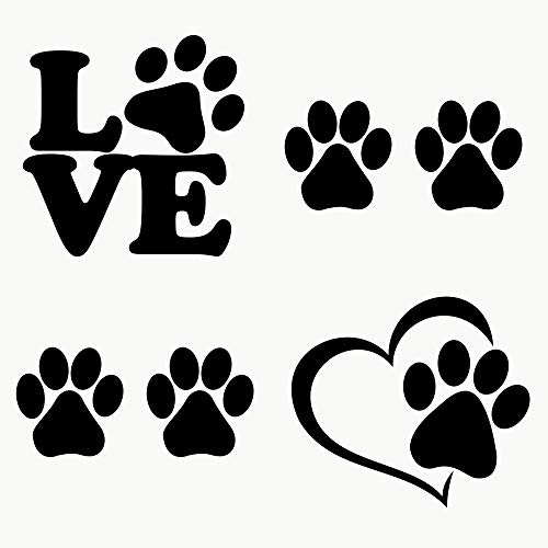 Autodomy Pegatinas Huellas de Perro Pack 6 Uds | Pegatinas Patitas de Perro con Corazón | Vinilo Huellas Perro con Letras I Love | Resisten la Lluvia y Sol | Negro