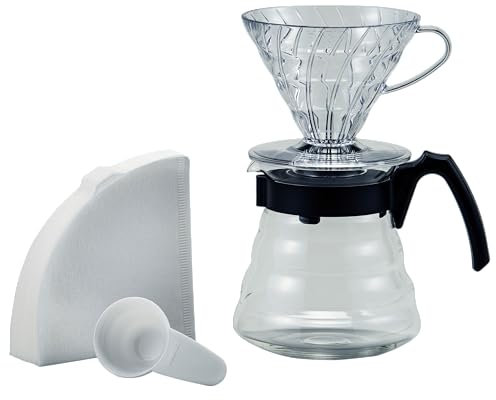 Hario Craft Kit V60 Tropfer aus Kunststoff mit Kaffeezubereiter aus Glas, Messlöffel und Filtern, Borosilikat, Schwarz, Größe 2