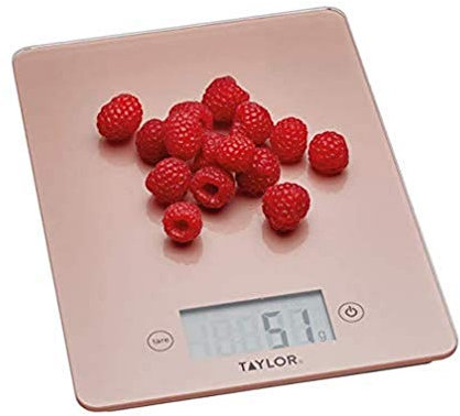 Taylor Pro Bilancia da Cucina Digitale con Design Ultra sottile, Compatta, Standard Professionale, Funzione Tara ad Alta Precisione, Rosa Dorato e Vetro, Portata Massima 5 kg