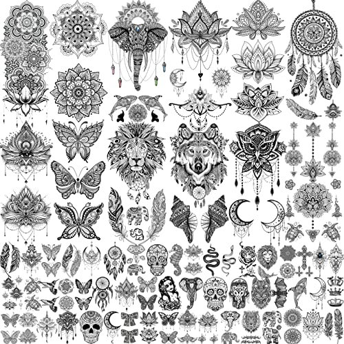 LAROI 64 Blätter Schwarz Temporäre Tattoos - Frauen & Mädchen Klebetattoos für Erwachsene - Elefant, Eule, Lotus, Traumfänger, Wolf, Löwe, Schmetterling, Mandala, Blume, Feder, Mond