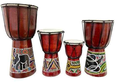 My Family House Painted Djembe - Multicoloured Wood - Hand Carved Musical Instrument - 25 cm