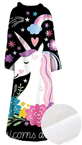 Kuscheldecke Mit Ärmeln Kinder Mädchen Damen XXL Winter Weiche TV-Decke Fleece Tagesdecke Ärmeldecke Lazy Einhorn Regenbogen Motiv Warmer Poncho Wohndecken Decke Flauschig (Schwarz,115x130 cm)