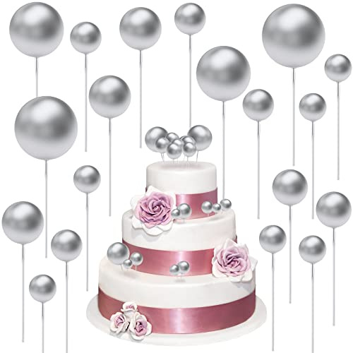 40 Stück Mini Cupcake Topper Schaum Runde Ball Ballon Kuchendeckel Backformen Dekoration Werkzeuge Perlen DIY Kuchen Topper Picks für Valentinstag Geburtstag Hochzeit Bedarf Deko (Silber)