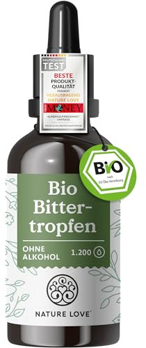 NATURE LOVE® Bio Bittertropfen ohne Alkohol nach Hildegard von Bingen (50ml) - hochdosierte Bitterstoffe Tropfen als 5:1 Extrakt aus erlesenen Kräutern und Pflanzen - vegan, laborgeprüft