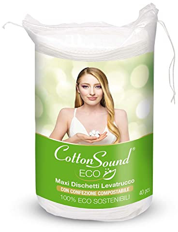 COTTON SOUND ECO Maxi Dischetti Struccanti 1 confezione x 40 Pezzi, Dischetti 100% Cotone Eco Sostenibili con Busta Biodegradabile e Compostabile, Adatti a Tutti i Tipi di Pelle, Made in Italy