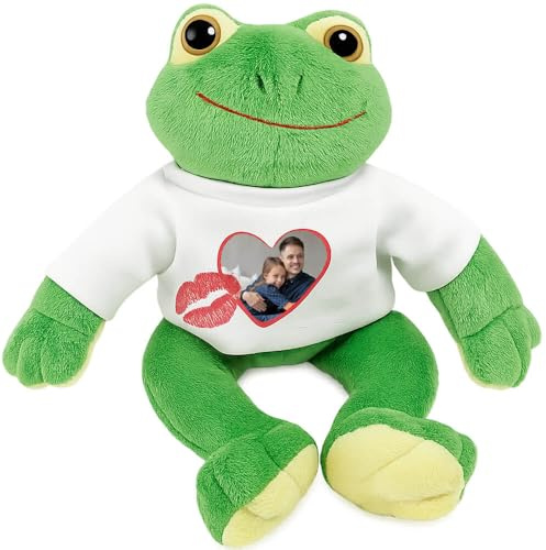 Peluche Grenouille personnalisée – Peluche Verte avec Tee-Shirt Blanc imprimé Photo – Cadeau Original pour Enfant ou Adulte