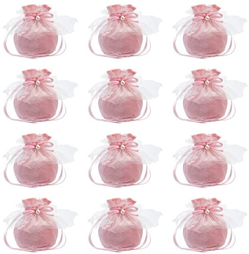 NBEADS 12 Stück Kordelzug Samtbeutel, 14,2 x 14,9 cm Kordelzug Schmuckbeutel Samt Taschen Süßigkeiten Geschenk beutel mit weißer Organza Dekoration and Imitat Perlen für Hochzeit Geburtstag, Rosa