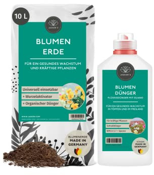 SPARSET Blumenerde 10 L + Blumendünger flüssig 1 L - 100% Schnelldünger Flüssigdünger - Guano Dünger flüssig - Pflanzenerde für Zimmer Gartenpflanzen mit Pflanzendünger - Erde für Pflanzen