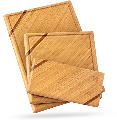 Chorus Schneidebrett Holz (3er Set) - Luxuriöses Bambus Holzbrett Küche, Tranchierbrett, Küchen Schneidbretter mit Saftrille für Fleisch, Gemüse, Käse (Premium Chic Bamboo)