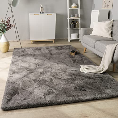Paco Home Hochflor Teppich Wohnzimmer Schlafzimmer Modern Flauschiger Fellteppich Fell Imitat Kunstfell Langflor, Grösse:80x150 cm, Farbe:Anthrazit
